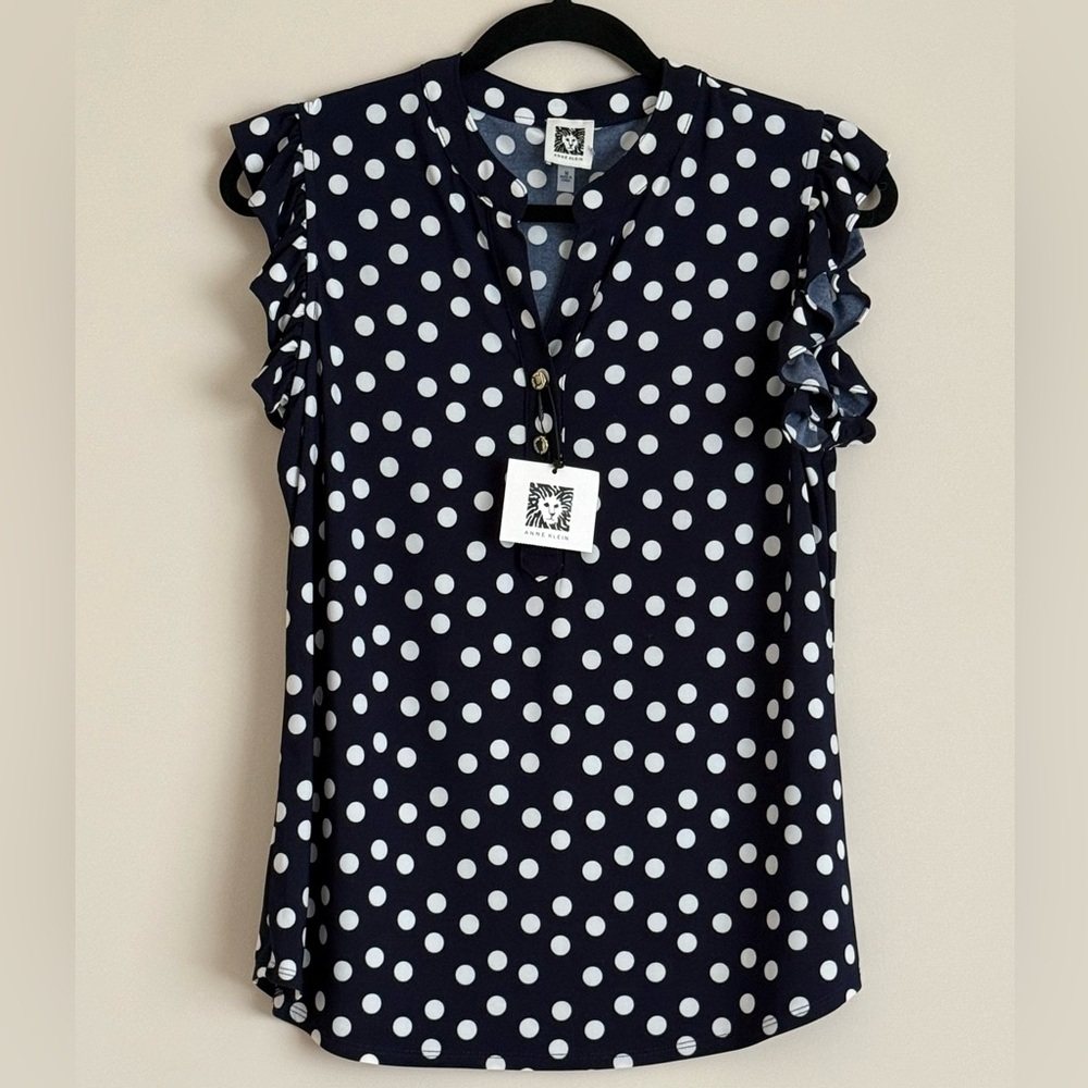 Anne Klein Polka Dot Ruffle Sleeve Drop Waist Top SZ.M